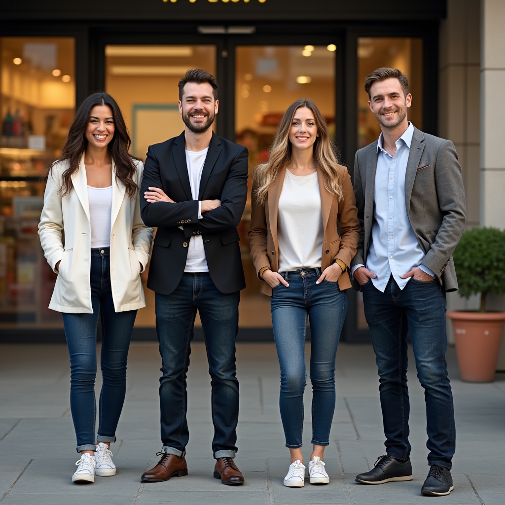 Gruppo di accompagnatori di Nimbrocalo davanti all'ingresso di un supermercato di quartiere