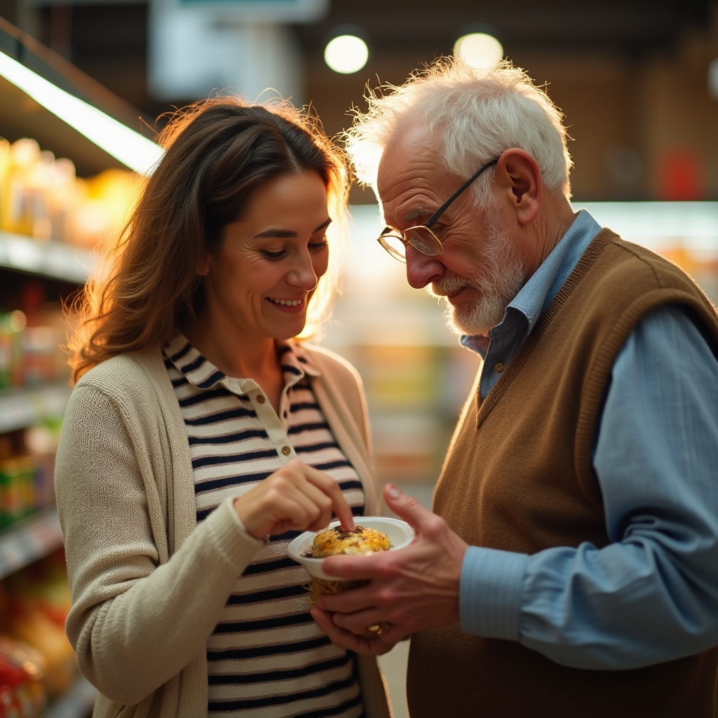 Accompagnatore aiuta una signora anziana a leggere l'etichetta di un prodotto al supermercato