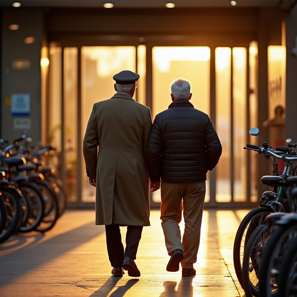 Accompagnatore e persona anziana camminano verso l'ingresso di un supermercato di quartiere