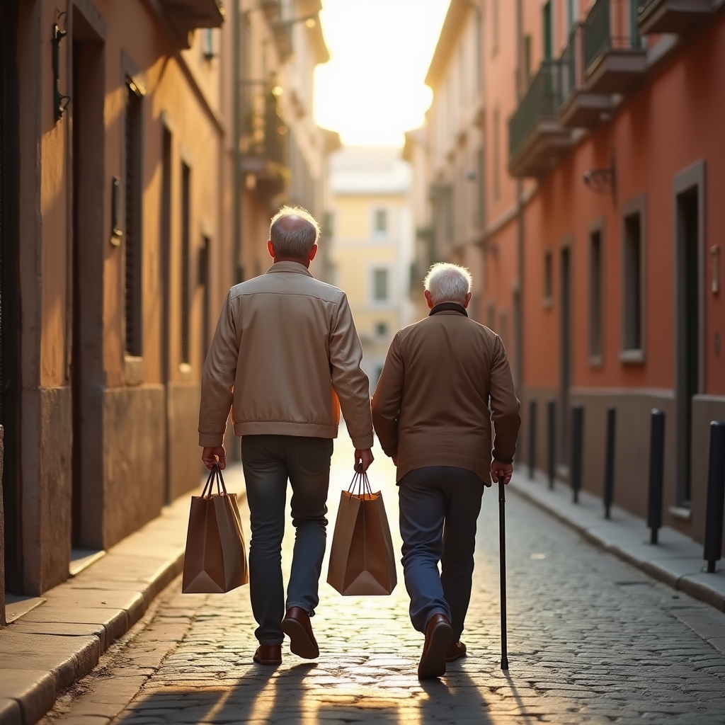 Accompagnatore porta le borse della spesa fino a casa insieme a un signore anziano